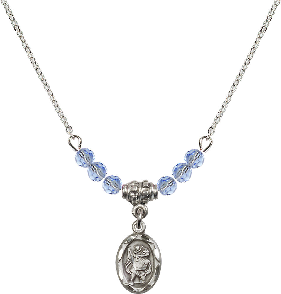 Sterling Silver Saint Christopher Birthstone Necklace with Light Sapphire Beads - 0301