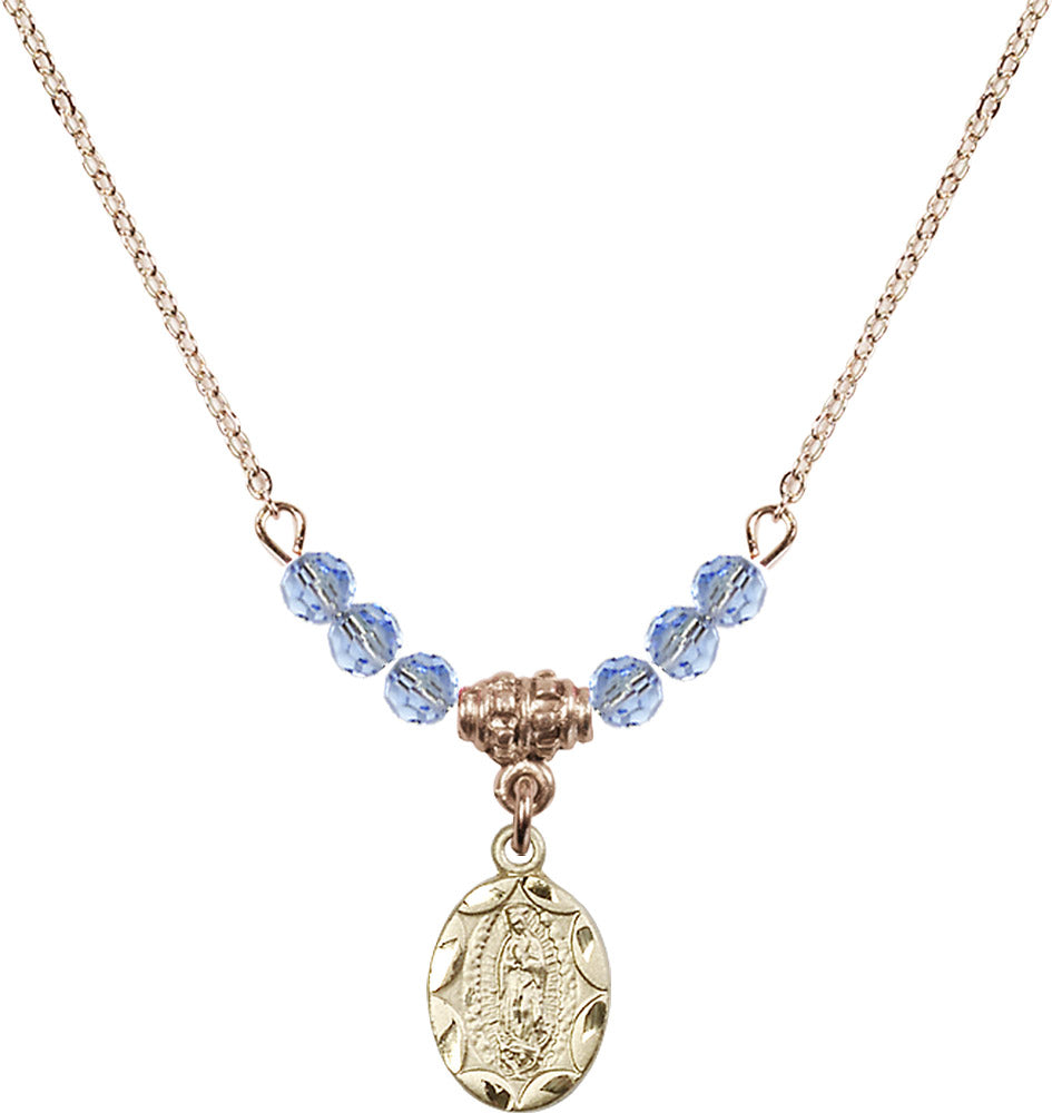 14kt Gold Filled Our Lady of Guadalupe Birthstone Necklace with Light Sapphire Beads - 0301