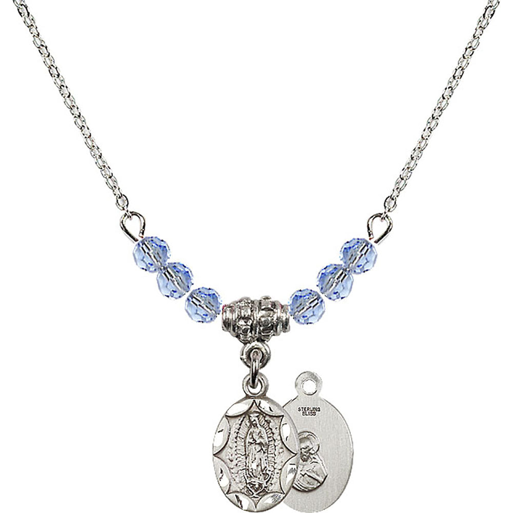 Sterling Silver Our Lady of Guadalupe Birthstone Necklace with Light Sapphire Beads - 0301