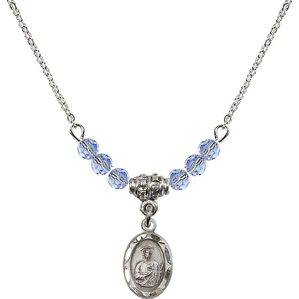 Sterling Silver Saint Jude Birthstone Necklace with Light Sapphire Beads - 0301