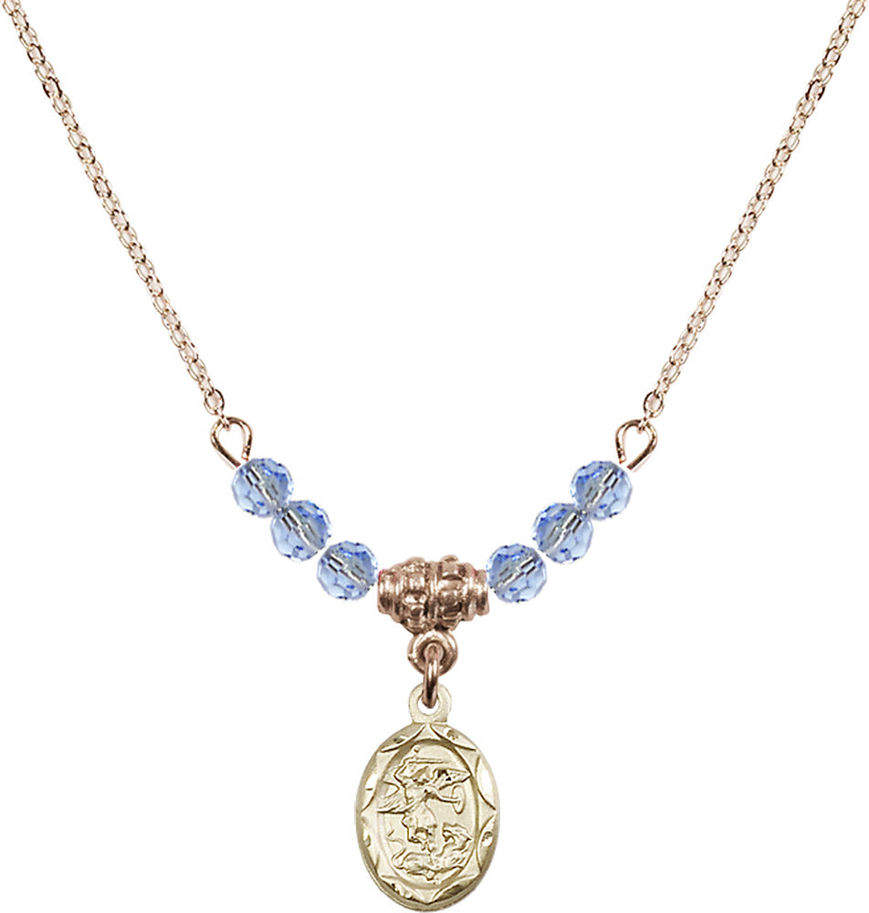 14kt Gold Filled Saint Michael the Archangel Birthstone Necklace with Light Sapphire Beads - 0301