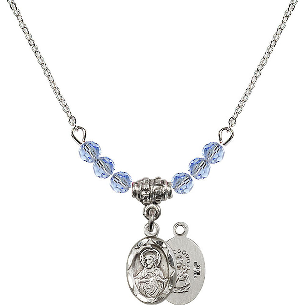 Sterling Silver Scapular Birthstone Necklace with Light Sapphire Beads - 0301