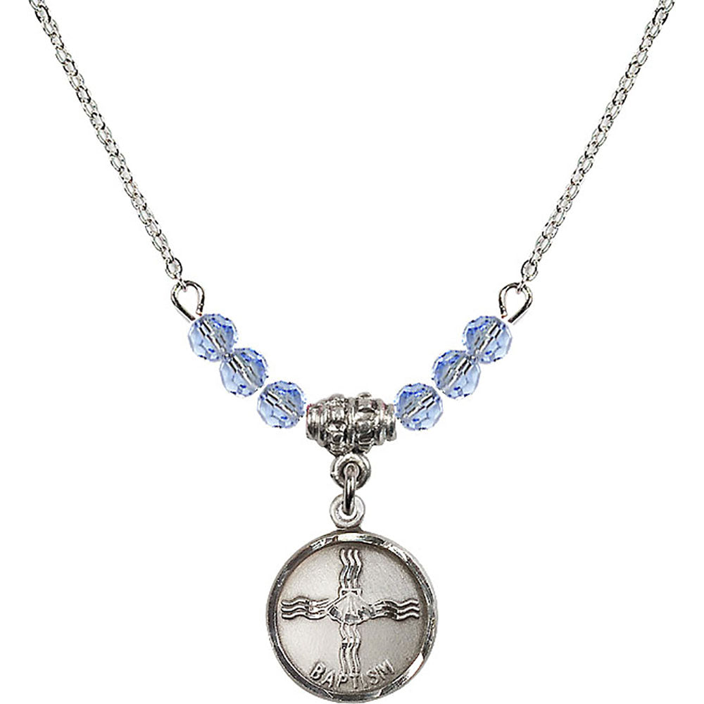 Sterling Silver Baptism Birthstone Necklace with Light Sapphire Beads - 0601