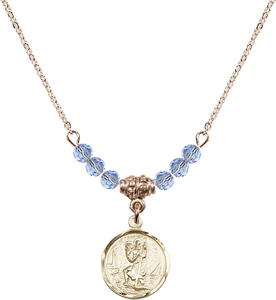 14kt Gold Filled Saint Christopher Birthstone Necklace with Light Sapphire Beads - 0601
