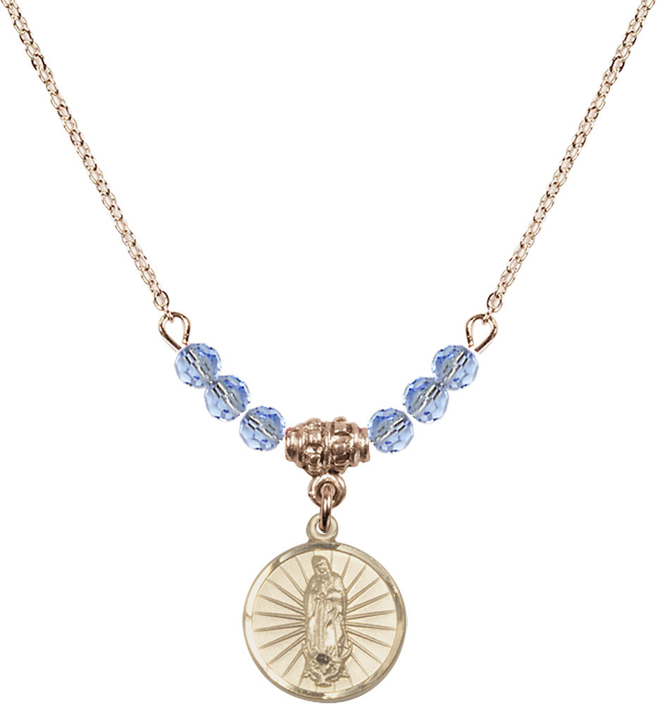14kt Gold Filled Our Lady of Guadalupe Birthstone Necklace with Light Sapphire Beads - 0601