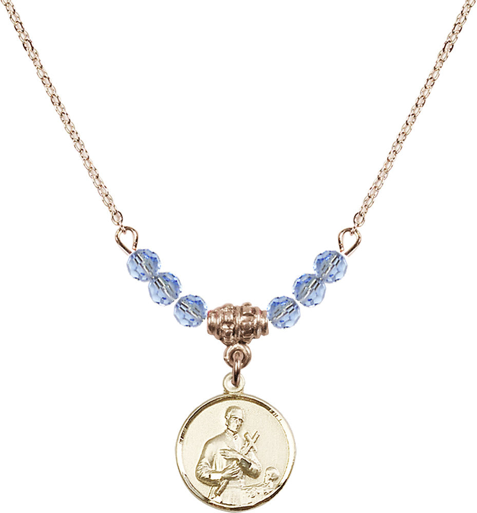 14kt Gold Filled Saint Gerard Birthstone Necklace with Light Sapphire Beads - 0601