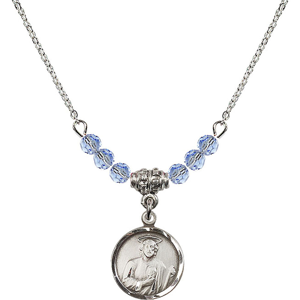 Sterling Silver Saint Jude Birthstone Necklace with Light Sapphire Beads - 0601