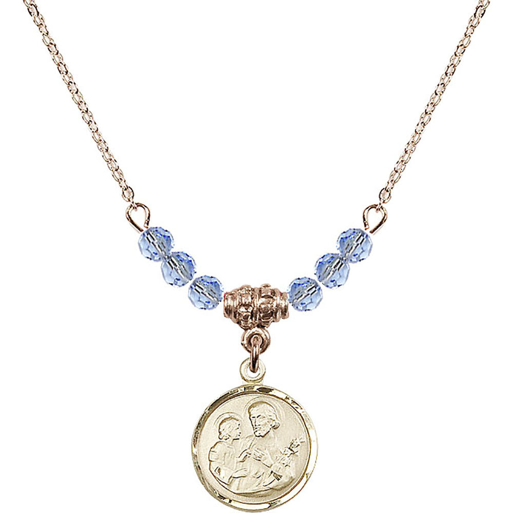 14kt Gold Filled Saint Joseph Birthstone Necklace with Light Sapphire Beads - 0601
