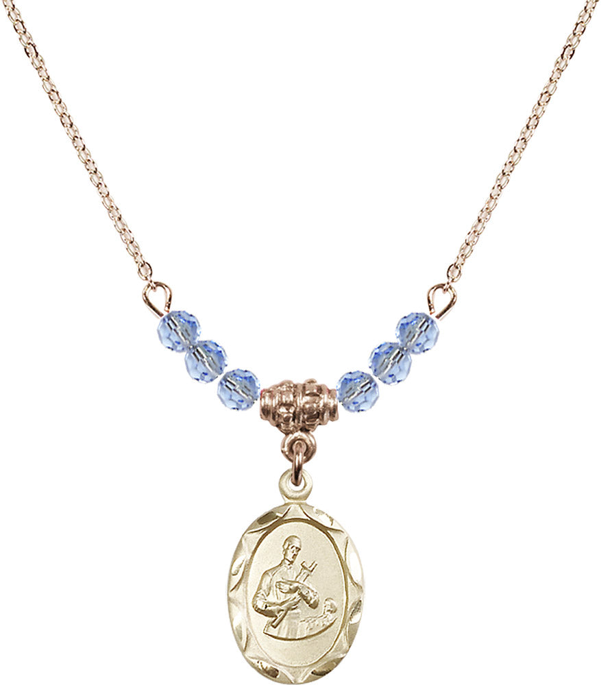 14kt Gold Filled Saint Gerard Birthstone Necklace with Light Sapphire Beads - 0612