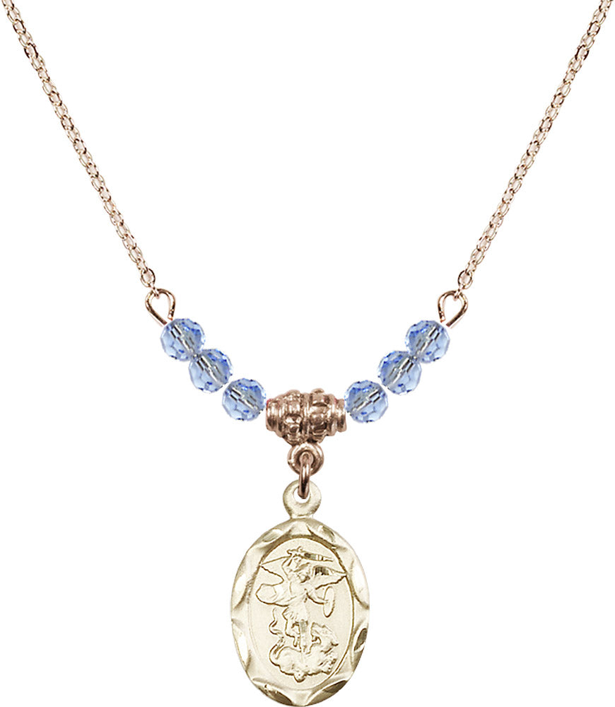 14kt Gold Filled Saint Michael the Archangel Birthstone Necklace with Light Sapphire Beads - 0612