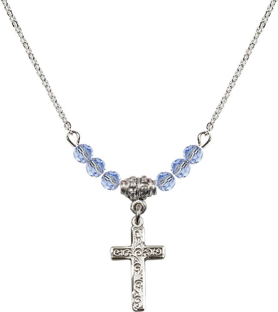 Sterling Silver Cross Birthstone Necklace with Light Sapphire Beads - 0672