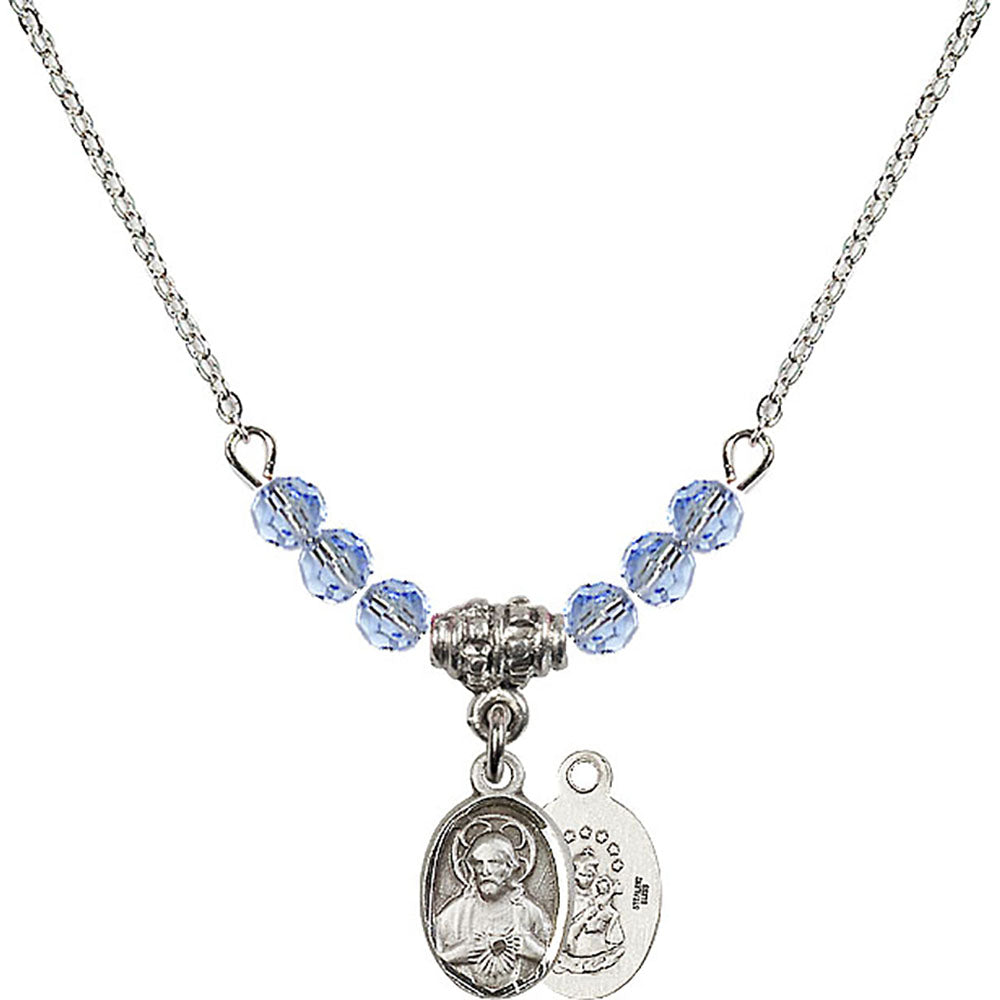 Sterling Silver Scapular Birthstone Necklace with Light Sapphire Beads - 0702