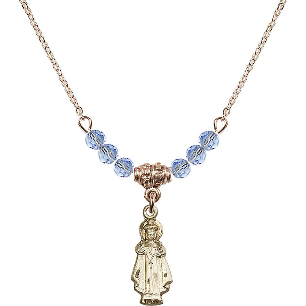 14kt Gold Filled Infant of Prague Birthstone Necklace with Light Sapphire Beads - 0823