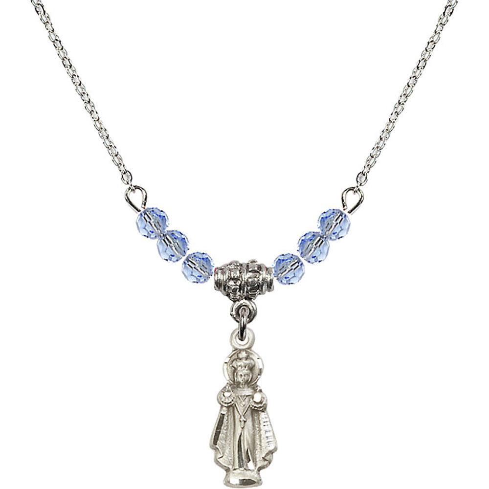 Sterling Silver Infant of Prague Birthstone Necklace with Light Sapphire Beads - 0823