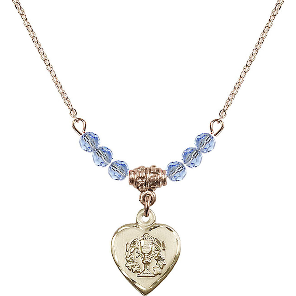 14kt Gold Filled Heart / Communion Birthstone Necklace with Light Sapphire Beads - 0892