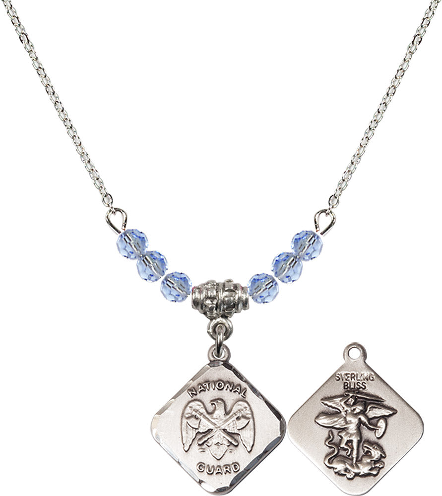 Sterling Silver Nat'l Guard Diamond Birthstone Necklace with Light Sapphire Beads - 1180