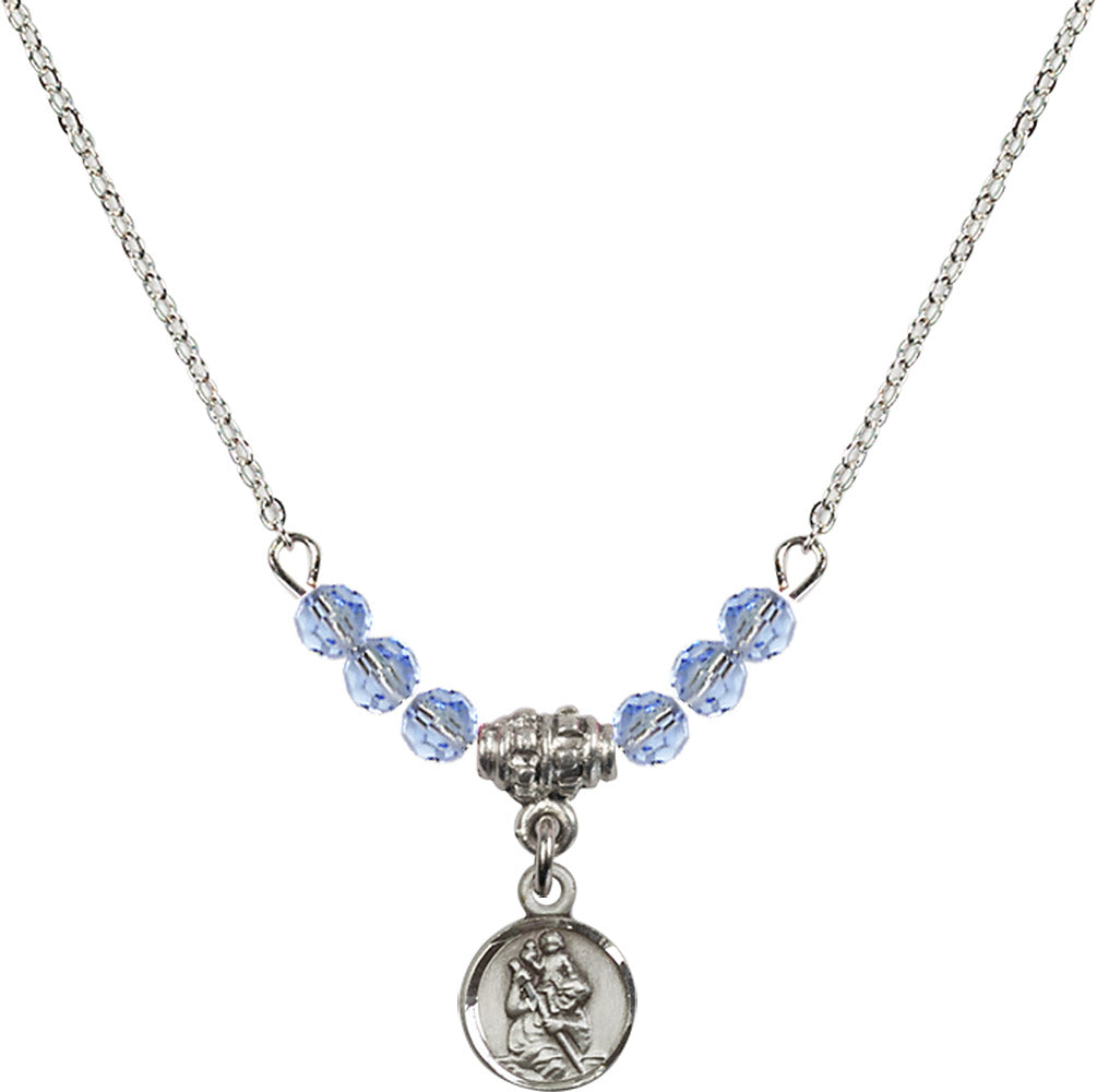 Sterling Silver Saint Christopher Birthstone Necklace with Light Sapphire Beads - 2343