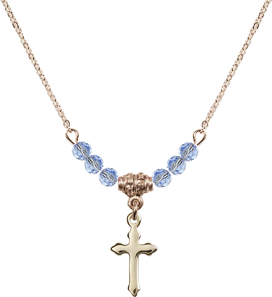 14kt Gold Filled Cross Birthstone Necklace with Light Sapphire Beads - 2528