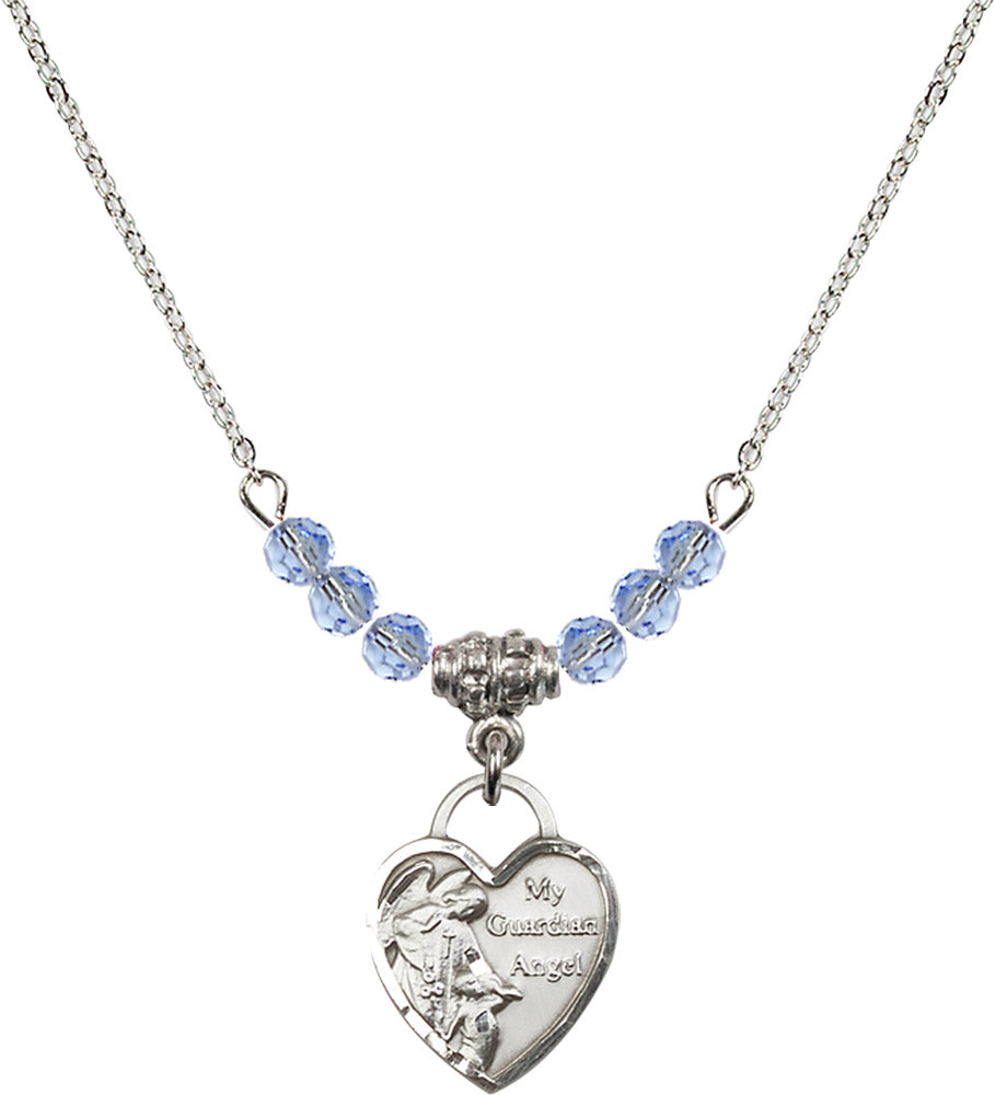 Sterling Silver Guardian Angel Heart Birthstone Necklace with Light Sapphire Beads - 3402