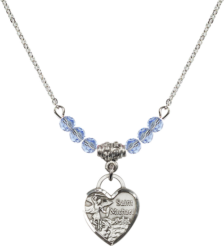 Sterling Silver Saint Michael Heart Birthstone Necklace with Light Sapphire Beads - 3403