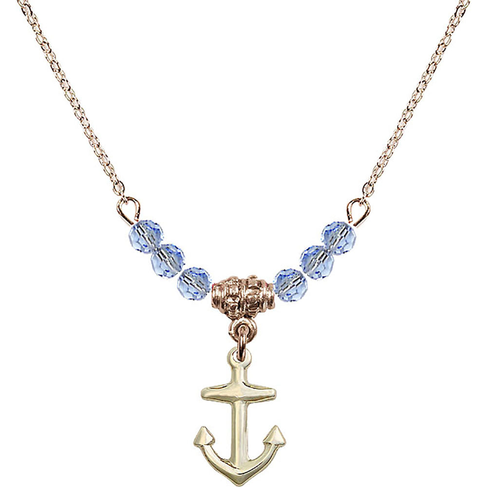 14kt Gold Filled Anchor Birthstone Necklace with Light Sapphire Beads - 4158