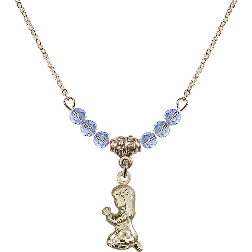 14kt Gold Filled Praying Girl Birthstone Necklace with Light Sapphire Beads - 4262
