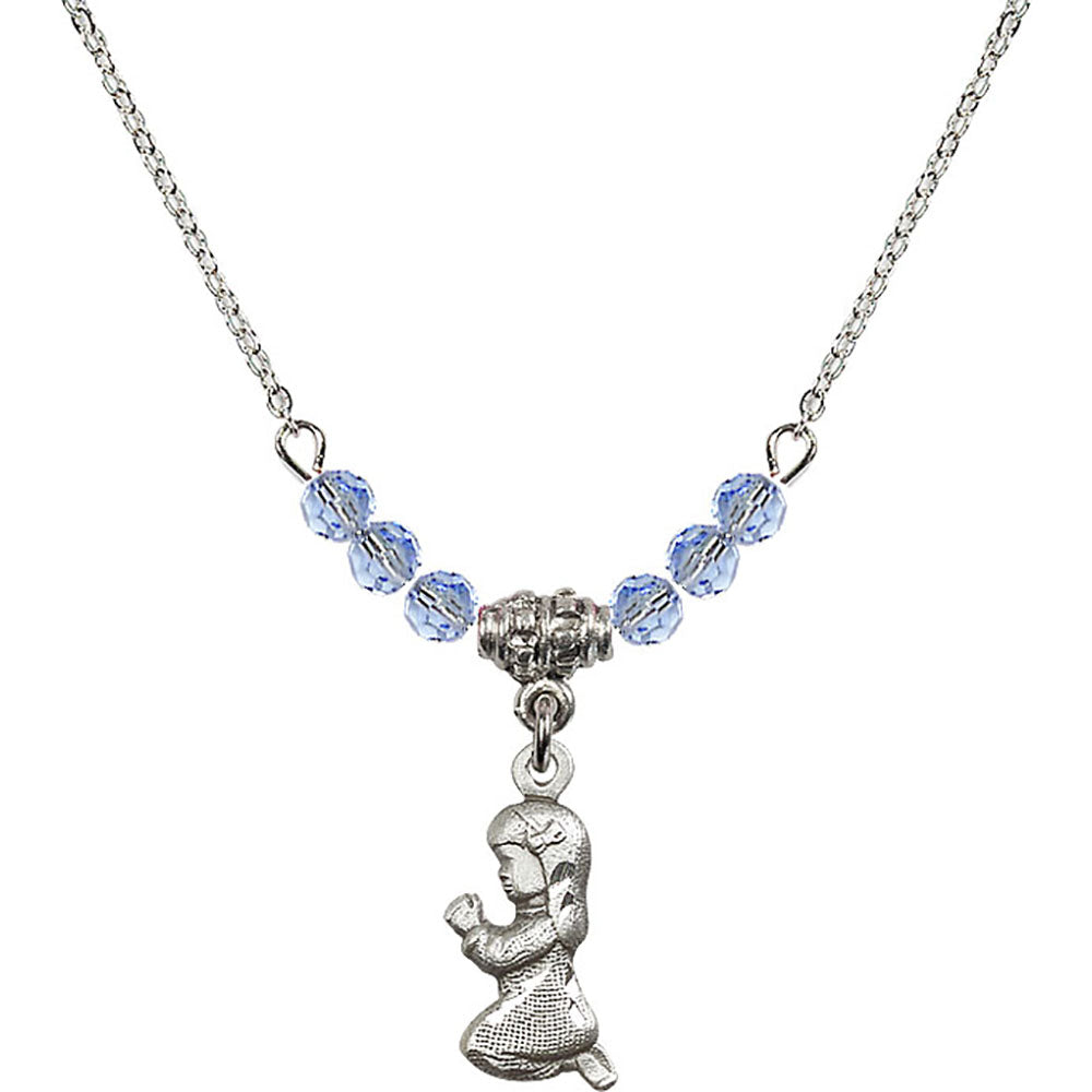 Sterling Silver Praying Girl Birthstone Necklace with Light Sapphire Beads - 4262