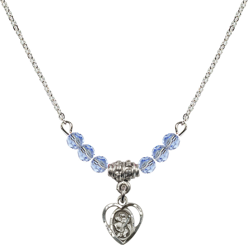 Sterling Silver Saint Christopher Birthstone Necklace with Light Sapphire Beads - 5403