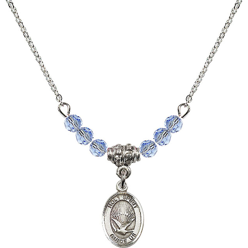 Sterling Silver Holy Spirit Birthstone Necklace with Light Sapphire Beads - 9044