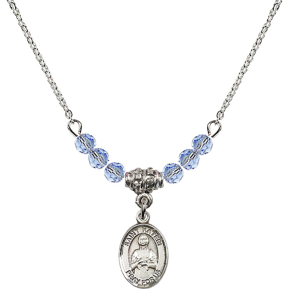 Sterling Silver Saint Kateri Tekakwitha Birthstone Necklace with Light Sapphire Beads - 9061