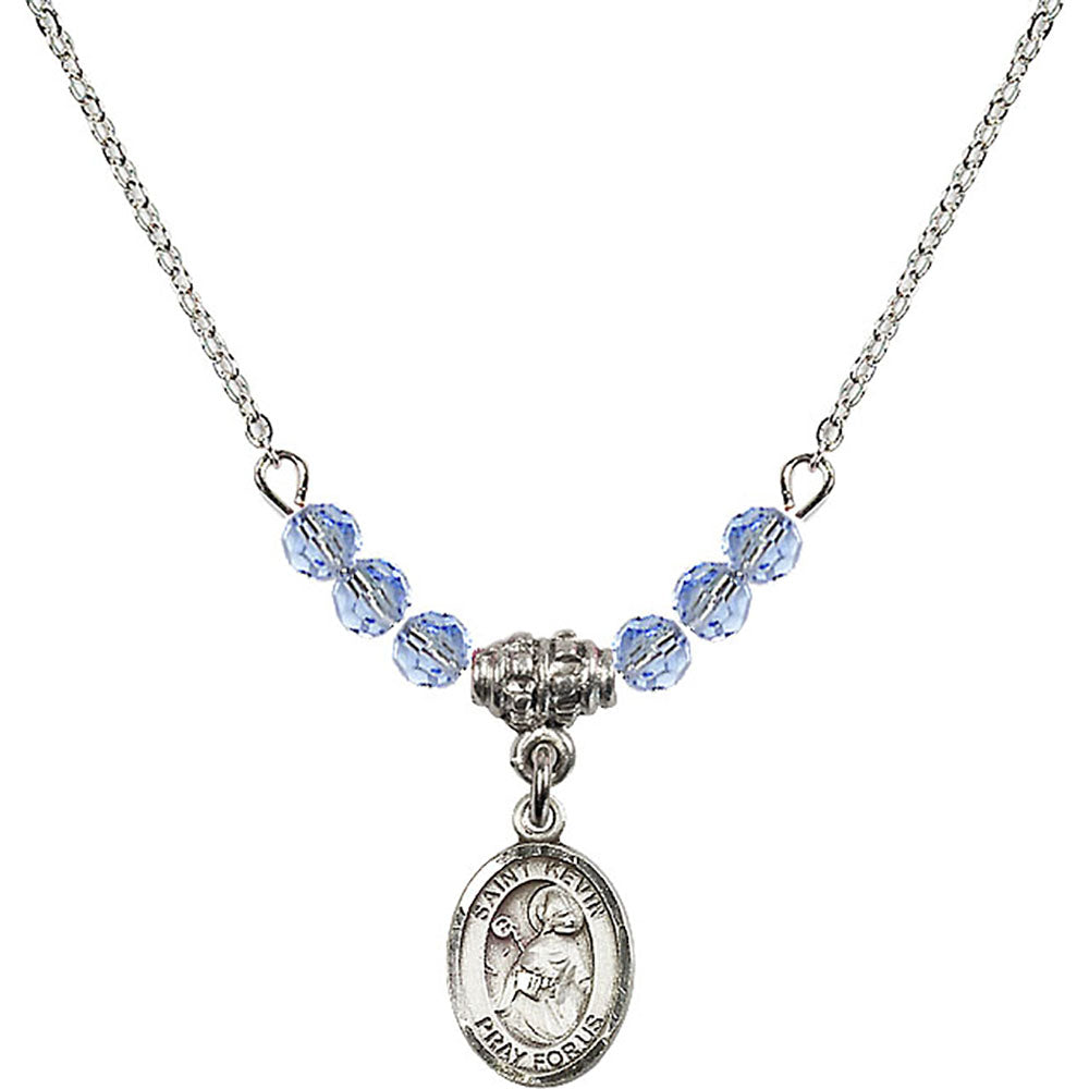Sterling Silver Saint Kevin Birthstone Necklace with Light Sapphire Beads - 9062