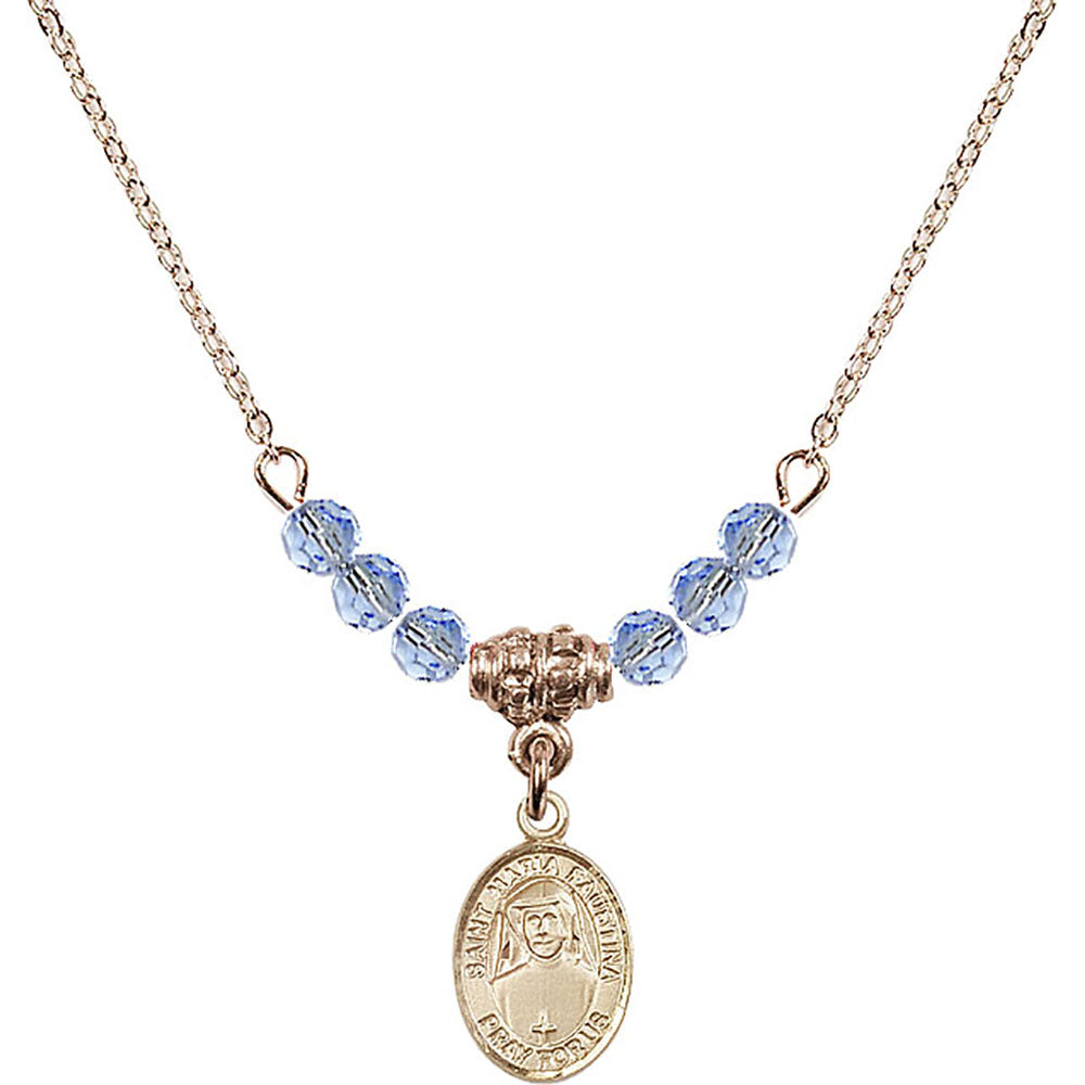 14kt Gold Filled Saint Maria Faustina Birthstone Necklace with Light Sapphire Beads - 9069