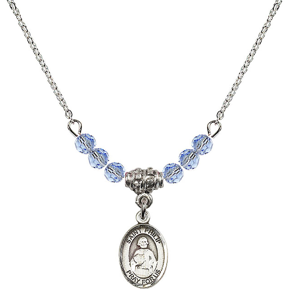 Sterling Silver Saint Philip the Apostle Birthstone Necklace with Light Sapphire Beads - 9083