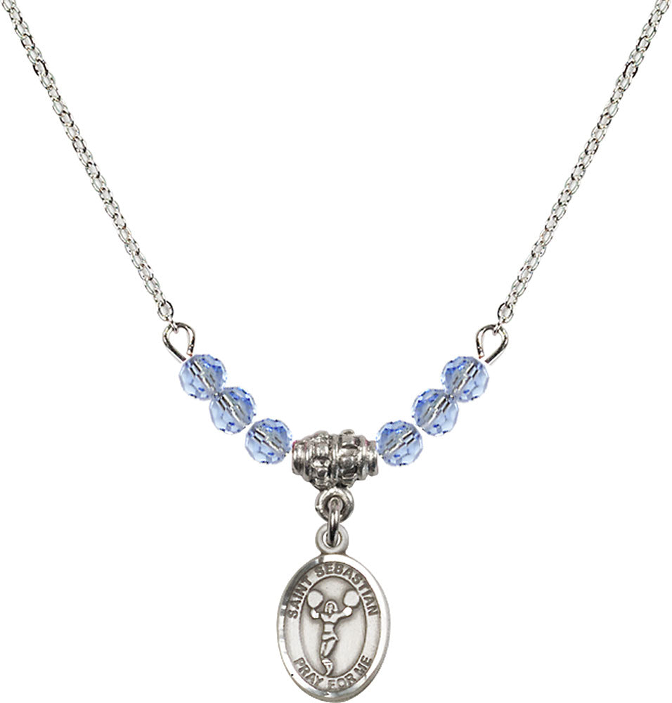 Sterling Silver Saint Sebastian/Cheerleading Birthstone Necklace with Light Sapphire Beads - 9170