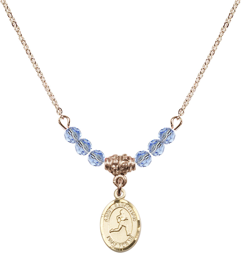 14kt Gold Filled Saint Sebastian/Track & Field Birthstone Necklace with Light Sapphire Beads - 9176
