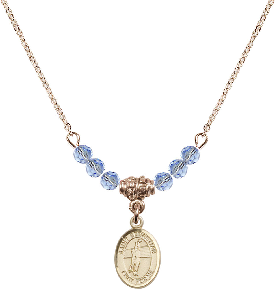 14kt Gold Filled Saint Sebastian / Volleyball Birthstone Necklace with Light Sapphire Beads - 9186
