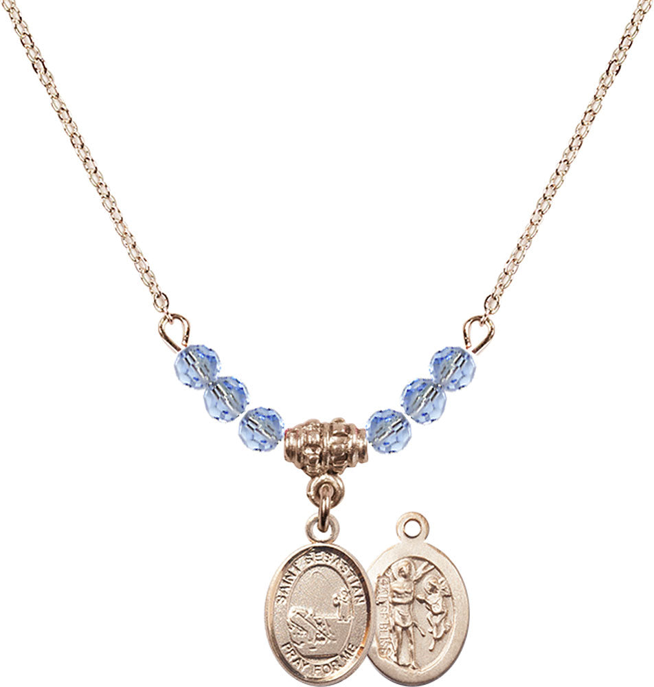 14kt Gold Filled Saint Sebastian / Fishing Birthstone Necklace with Light Sapphire Beads - 9188