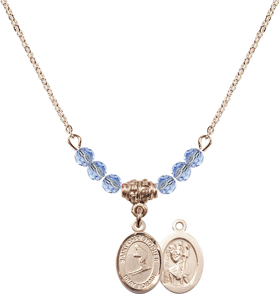 14kt Gold Filled Saint Christopher / Skiing Birthstone Necklace with Light Sapphire Beads - 9193