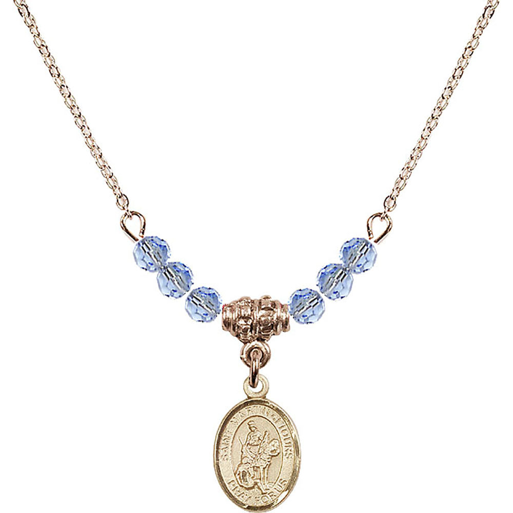 14kt Gold Filled Saint Martin of Tours Birthstone Necklace with Light Sapphire Beads - 9200