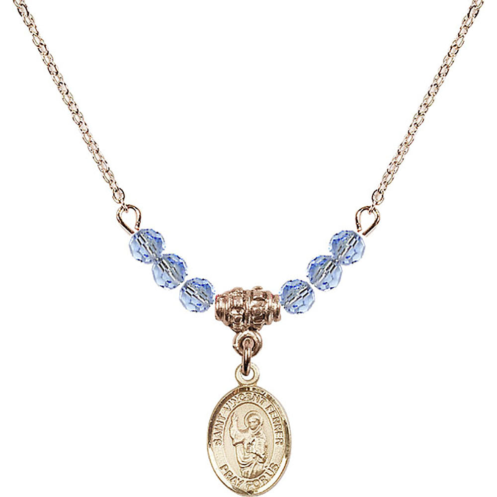 14kt Gold Filled Saint Vincent Ferrer Birthstone Necklace with Light Sapphire Beads - 9201
