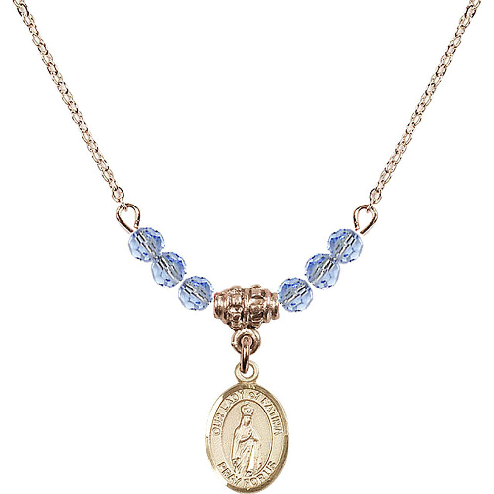 14kt Gold Filled Our Lady of Fatima Birthstone Necklace with Light Sapphire Beads - 9205