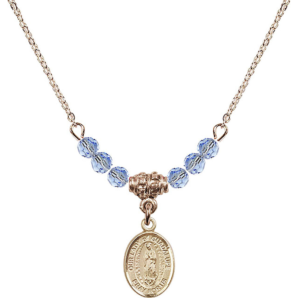 14kt Gold Filled Our Lady of Guadalupe Birthstone Necklace with Light Sapphire Beads - 9206