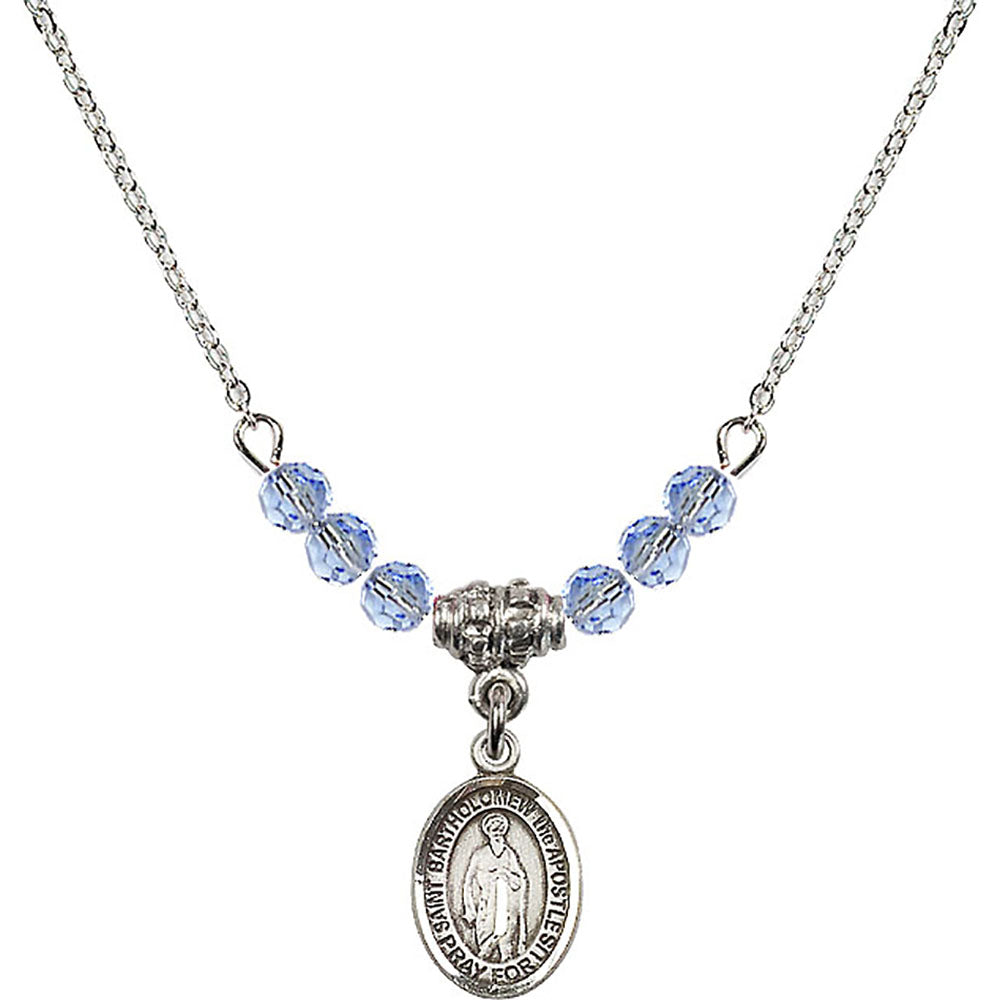 Sterling Silver Saint Bartholomew the Apostle Birthstone Necklace with Light Sapphire Beads - 9238