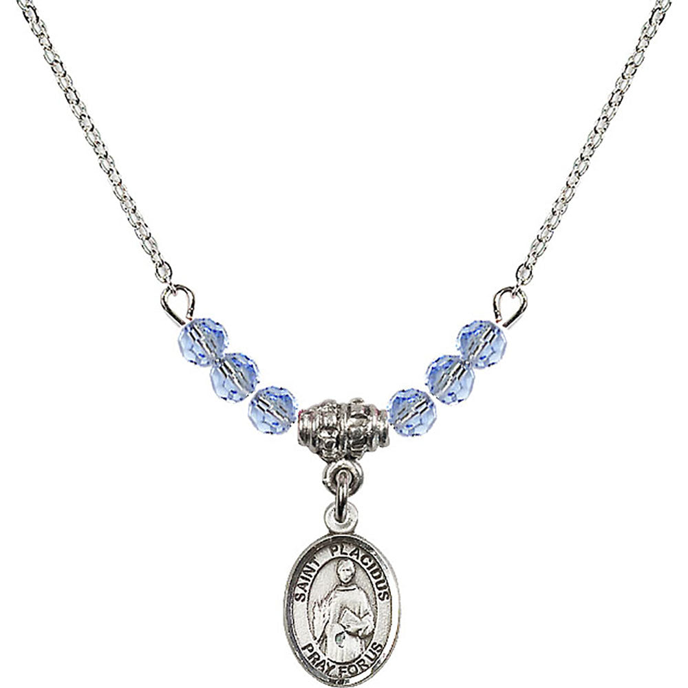Sterling Silver Saint Placidus Birthstone Necklace with Light Sapphire Beads - 9240