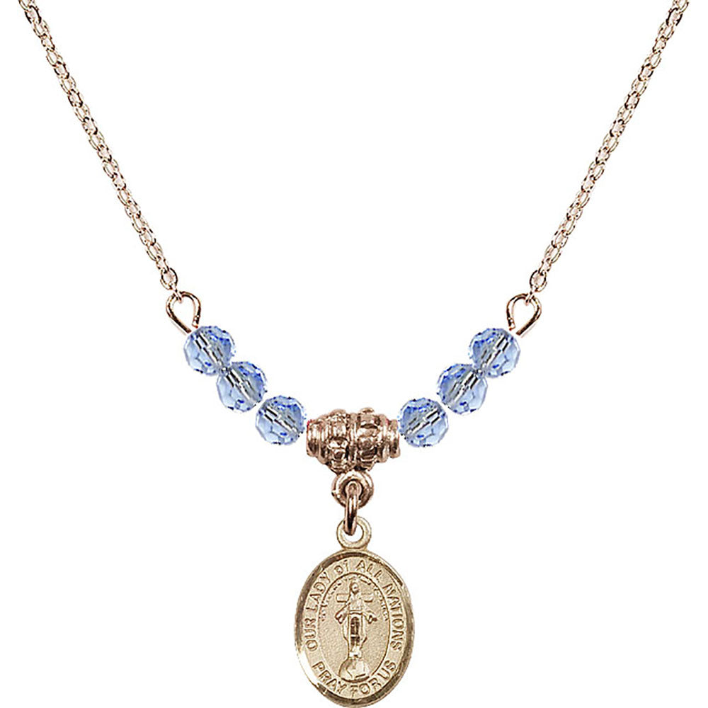 14kt Gold Filled Our Lady of All Nations Birthstone Necklace with Light Sapphire Beads - 9242