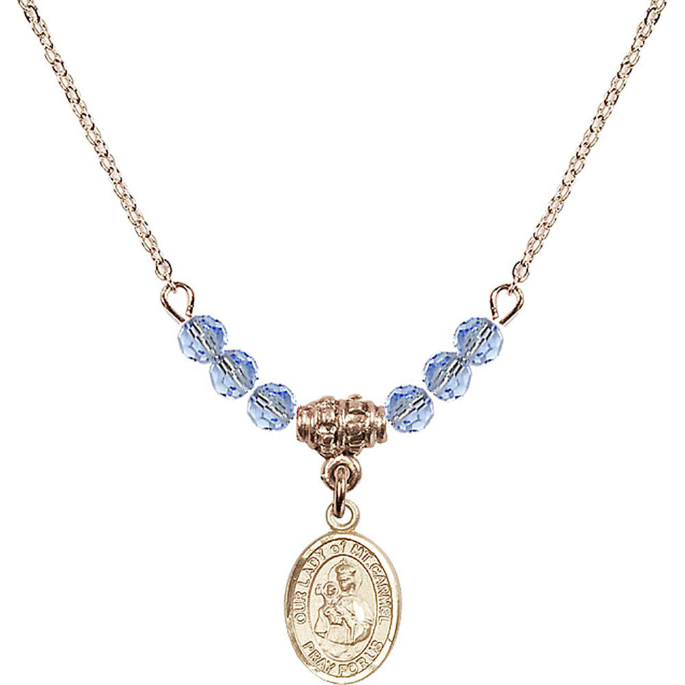 14kt Gold Filled Our Lady of Mount Carmel Birthstone Necklace with Light Sapphire Beads - 9243