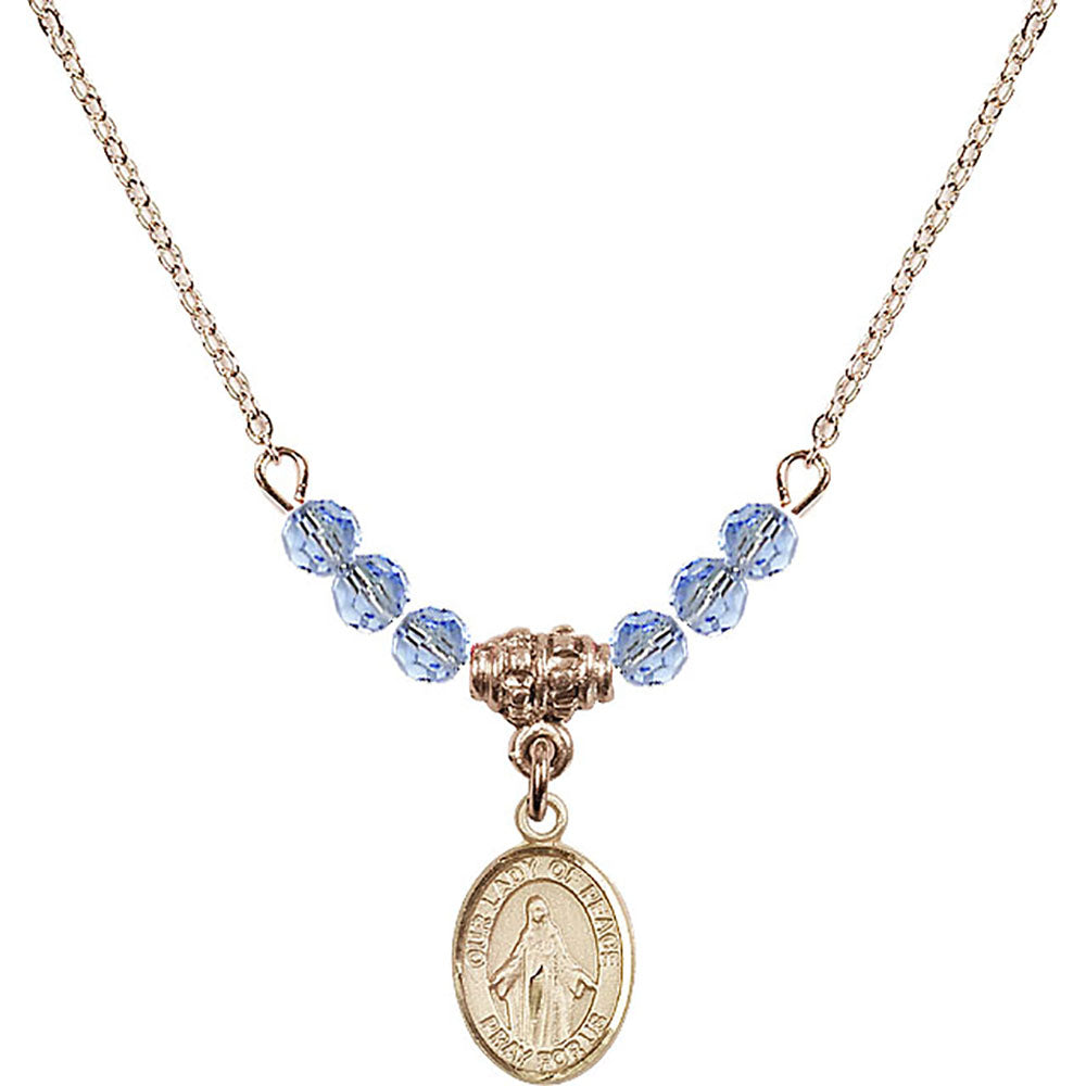 14kt Gold Filled Our Lady of Peace Birthstone Necklace with Light Sapphire Beads - 9245