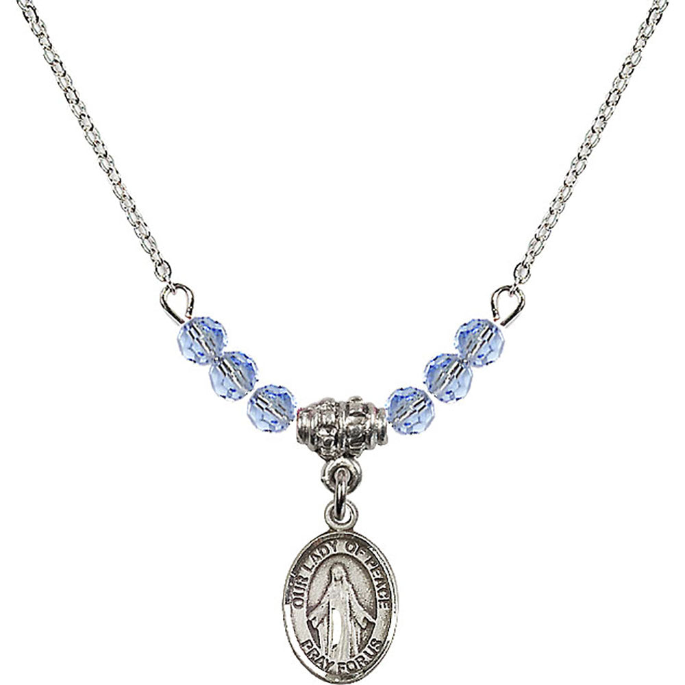 Sterling Silver Our Lady of Peace Birthstone Necklace with Light Sapphire Beads - 9245