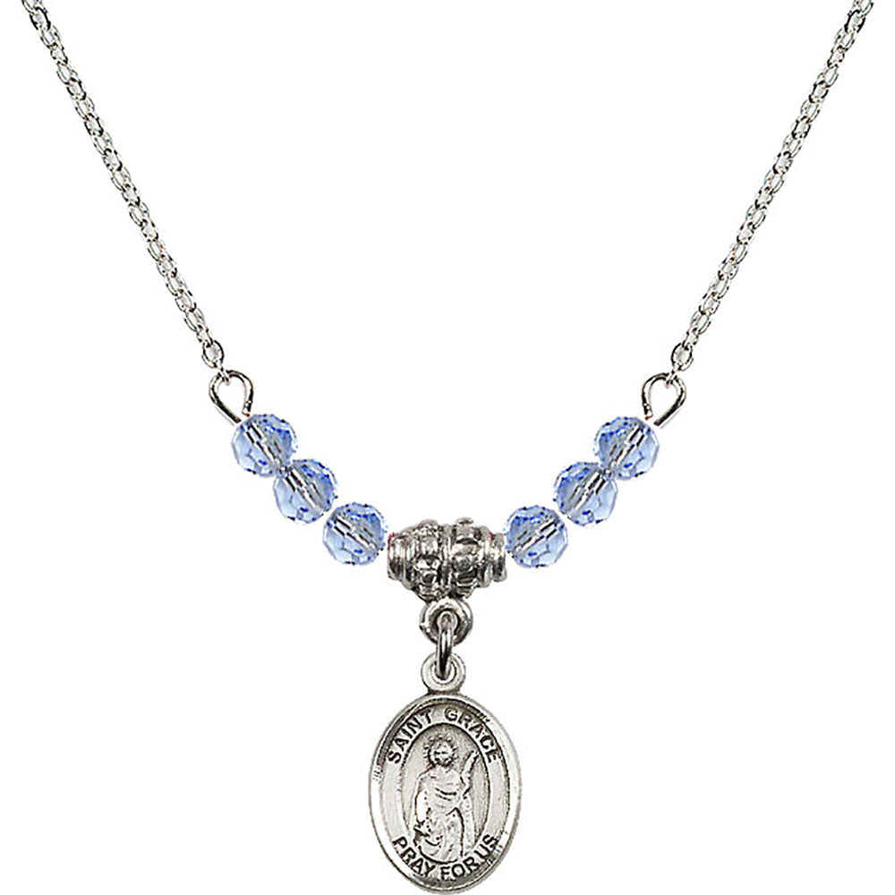 Sterling Silver Saint Grace Birthstone Necklace with Light Sapphire Beads - 9255