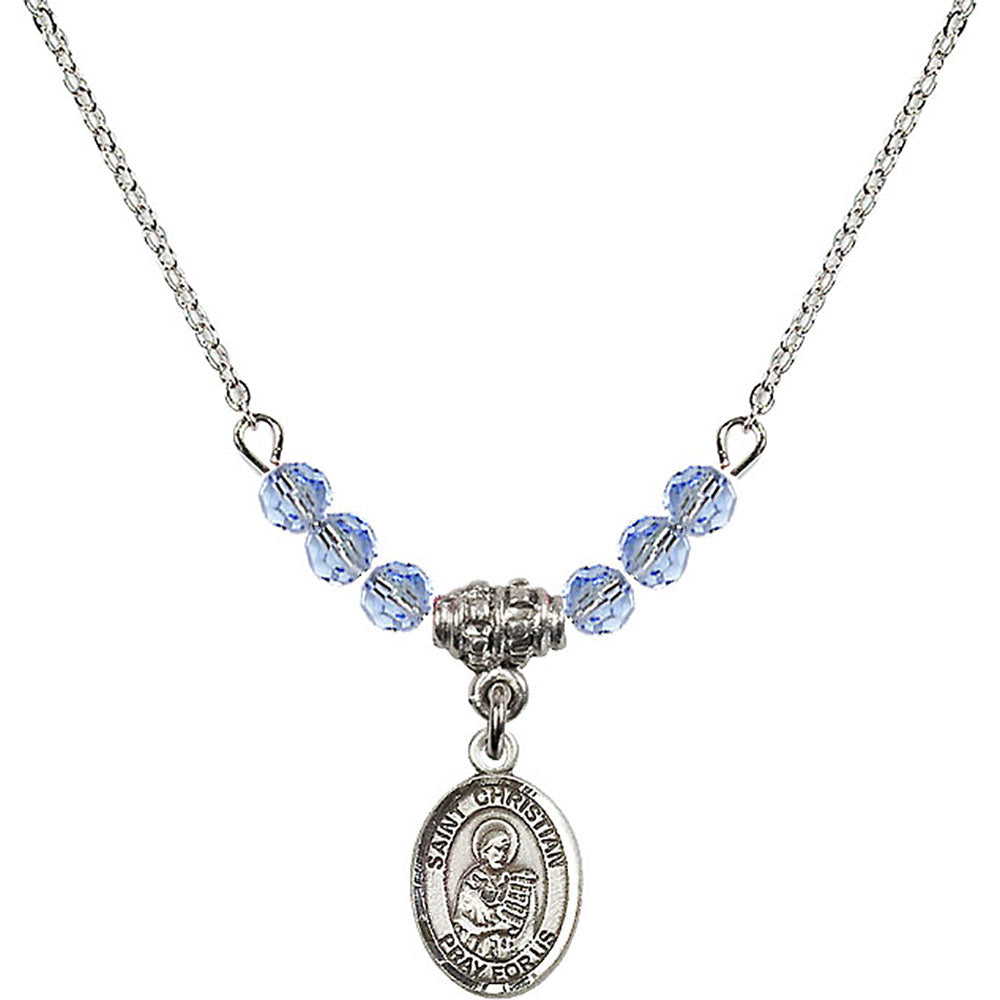 Sterling Silver Saint Christian Demosthenes Birthstone Necklace with Light Sapphire Beads - 9257
